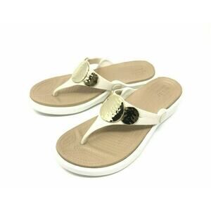Crocs Sanrah 6 White Gold Hammered Medallion Thong Flip Flop Coastal Comfort